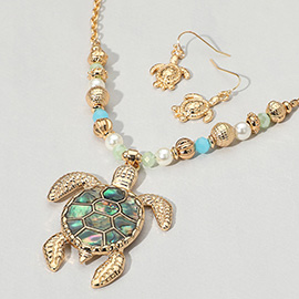 Abalone Turtle Pendant Multi Beaded Necklace