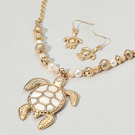 Mother of Pearl Turtle Pendant Multi Beaded Necklace