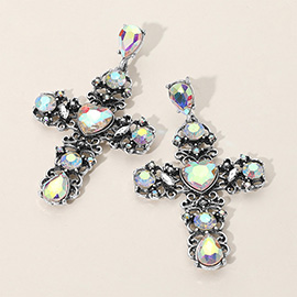 Iridescent Heart Stone Centered Ornate Cross Dangle Earrings