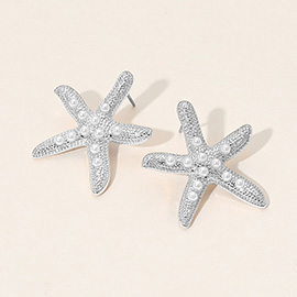 Pearl Accent Textured Metal Starfish Earrings