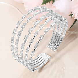Baguette CZ Stone Cluster Multi Row Split Evening Cuff Bracelet