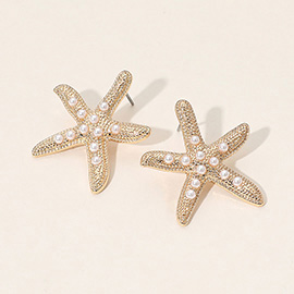 Pearl Accent Textured Metal Starfish Earrings