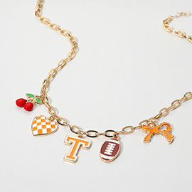Football Theme Bow Cherry Heart Charm Station Necklace
