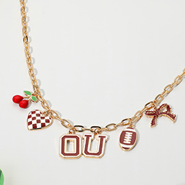 Football Theme Bow Cherry Heart Charm Station Necklace