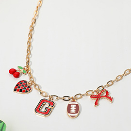 Football Theme Bow Cherry Heart Charm Station Necklace