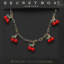 SECRET BOX_14K Gold Dipped Cherry Charm Station Paperclip Chain Necklace