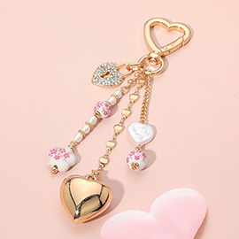 Floral Ceramic Pearl Metal Heart Lock Charm Drop Keychain / Bag Charm
