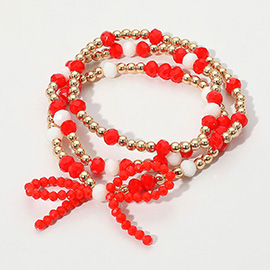 3PCS - Sports Team Theme Colored Bow Accent Faceted Beaded Stretch Multi Layered Bracelets