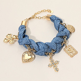 Cross Heart Flower Charm Denim Fabric Braided Statement Bracelet