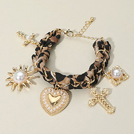 Bold Pearl Embellished Heart Cross Sunburst Charm Station Leopard Fabric Chain Bracelet