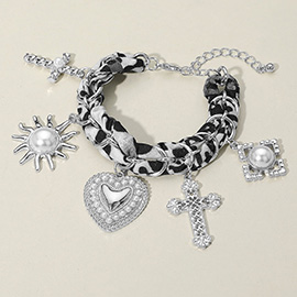 Bold Pearl Embellished Heart Cross Sunburst Charm Station Leopard Fabric Chain Bracelet