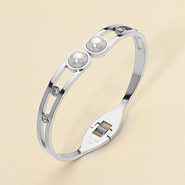 Stainless Steel Pearl Tip Hinged Bangle Bracelet