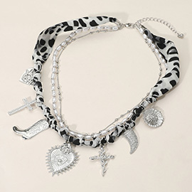 Western Boot Geart Flower Cross Horn Charm Station Beads Pearl Leopard Fabric Chain Layered Necklace