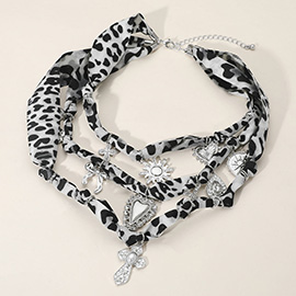 Pearl Cross Heart Bow Sun Cross Charm Station Leopard Fabric Chain Triple Layerd Necklace