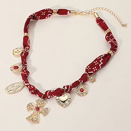 Boho Cross Heart Religious Charm Fabric Braided Necklace