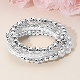 5PCS - Pearl Metal Ball Beaded Stretch Multi Layered Bracelets