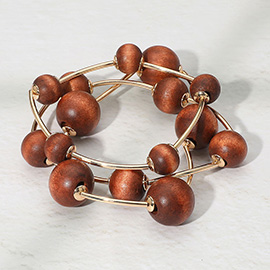Chunky Wood Ball Metal Bar Beaded Stretch Multi Layered Bracelets