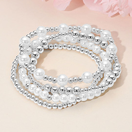 4PCS - Pearl Metal Ball Beaded Stretch Multi Layered Bracelets