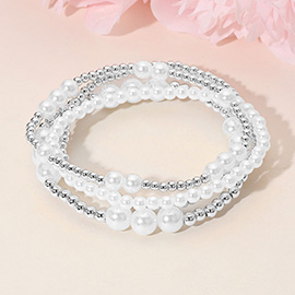 4PCS - Pearl Metal Ball Beaded Stretch Multi Layered Bracelets