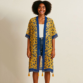 Sheer Leopard Print Tassel Detail Open Front Long Kimono Poncho