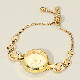 SECRET BOX_Stainless Steel Clover Link Adjustable Quartz Watch Bracelet
