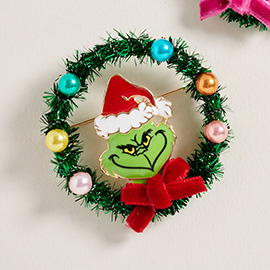 Holiday Green Monster Wreath Pin Brooch