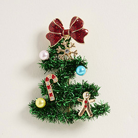 Whimsical Pearl Bow Snowflake Charm Tinsel Christmas Pin Brooch
