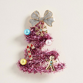 Whimsical Pearl Bow Snowflake Charm Tinsel Christmas Pin Brooch