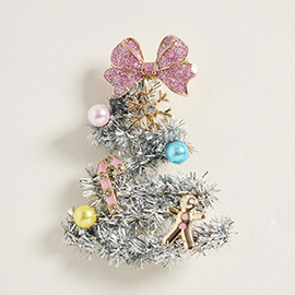 Whimsical Pearl Bow Snowflake Charm Tinsel Christmas Tree Pin Brooch
