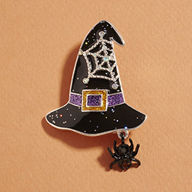 Halloween Witch Hat Spider Dangle Pin Brooch