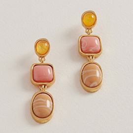 Oval Square Pebble Stone Cluster Link Drop Earrings