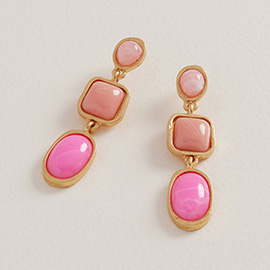 Oval Square Pebble Stone Cluster Link Drop Earrings