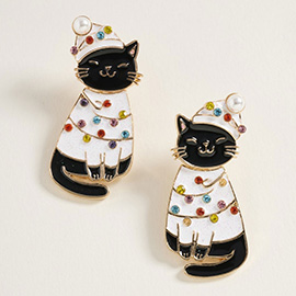 Festive Holiday Santa Hat Black Cat Earrings