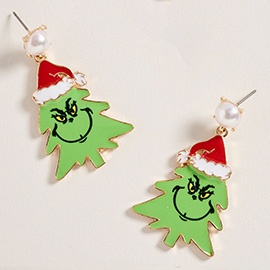 Pearl Accent Green Monster Santa Christmas Tree Dangle Earrings