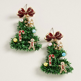 Whimsical Pearl Bow Snowflake Charm Tinsel Christmas Tree Dangle Earrings