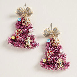 Whimsical Pearl Bow Snowflake Charm Tinsel Christmas Tree Dangle Earrings