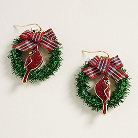 Holiday Bow Accent Cardinal Wreath Dangle Earrings