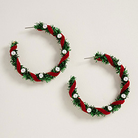 Pearl Accent Holiday Tinsel Hoop Earrings