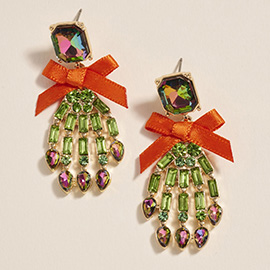 Bow Accent Glass Stone Skeleton Hand Dangle Earrings