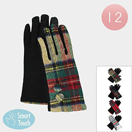 12Pairs - Plaid Pattern Button Detail Smart Touch Winter Gloves