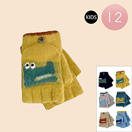 12Pairs - Kids Dino Fingerless Flip Top Knit Winter Gloves