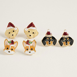 3Pairs - Christmas Puppy Face Stud Earring Set