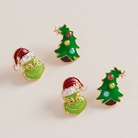 2Pairs - Christmas Tree Green Monster Stud Earring Set