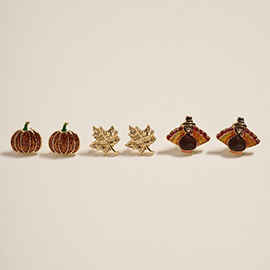 3Pairs - Thanksgiving Pumpkin Turkey Autumn Leaf Stud Earring Set