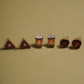 3Pairs - Thanksgiving Pumpkin Latte Pie Stud Earring Set