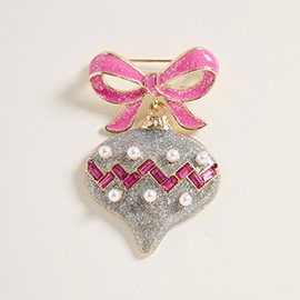 Holiday Bow Pearl Ornament Pin Brooch