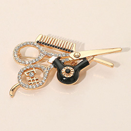 Rhinestone Embellished Hairdresser Tools Pin Brooch