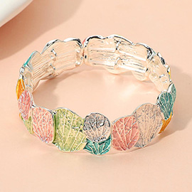 Colored Textured Metal Leaf Motif Stretch Bracelet