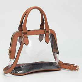 Faux Leather Trim Transparent Structured Top Handle Handbag / Crossbody Bag