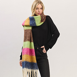 Oversized Multi Color Striped Soft Brushed Knit Fringe Scarf